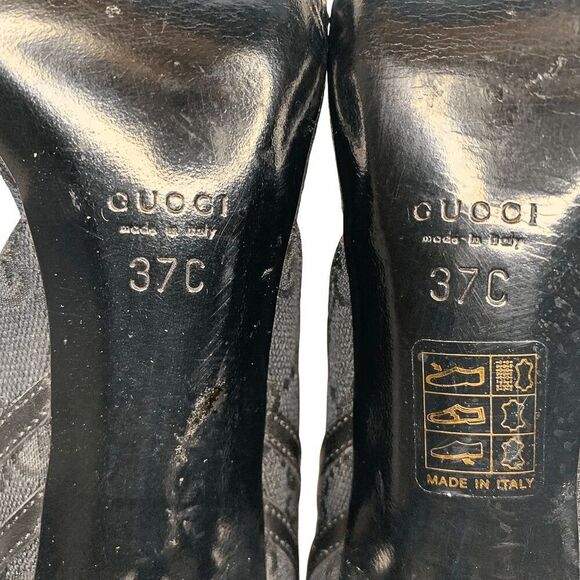 Gucci Black Monogram D’Orsay Heels Size 37C Gold Horsebit Chain Detail Authentic - Picture 12 of 12